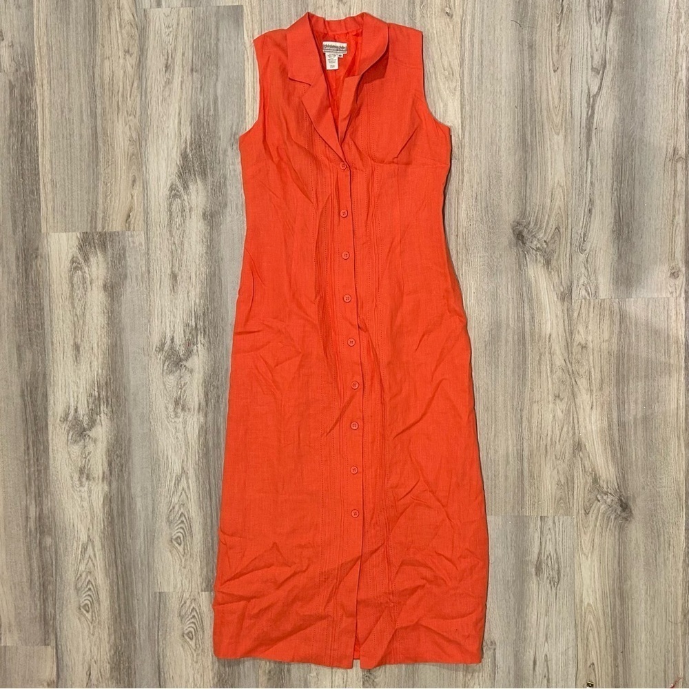 Vintage Coldwater Creek Button Up Linen Midi Dress Satin Lined Coral Size 12